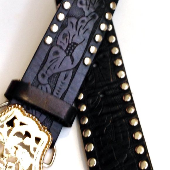 EXPRESS-Black Floral Studded Tooled Leather Belt main image 6